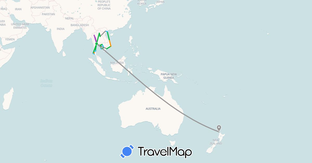 TravelMap itinerary: driving, bus, plane, train, boat, hitchhiking in Cambodia, New Zealand, Thailand (Asia, Oceania)